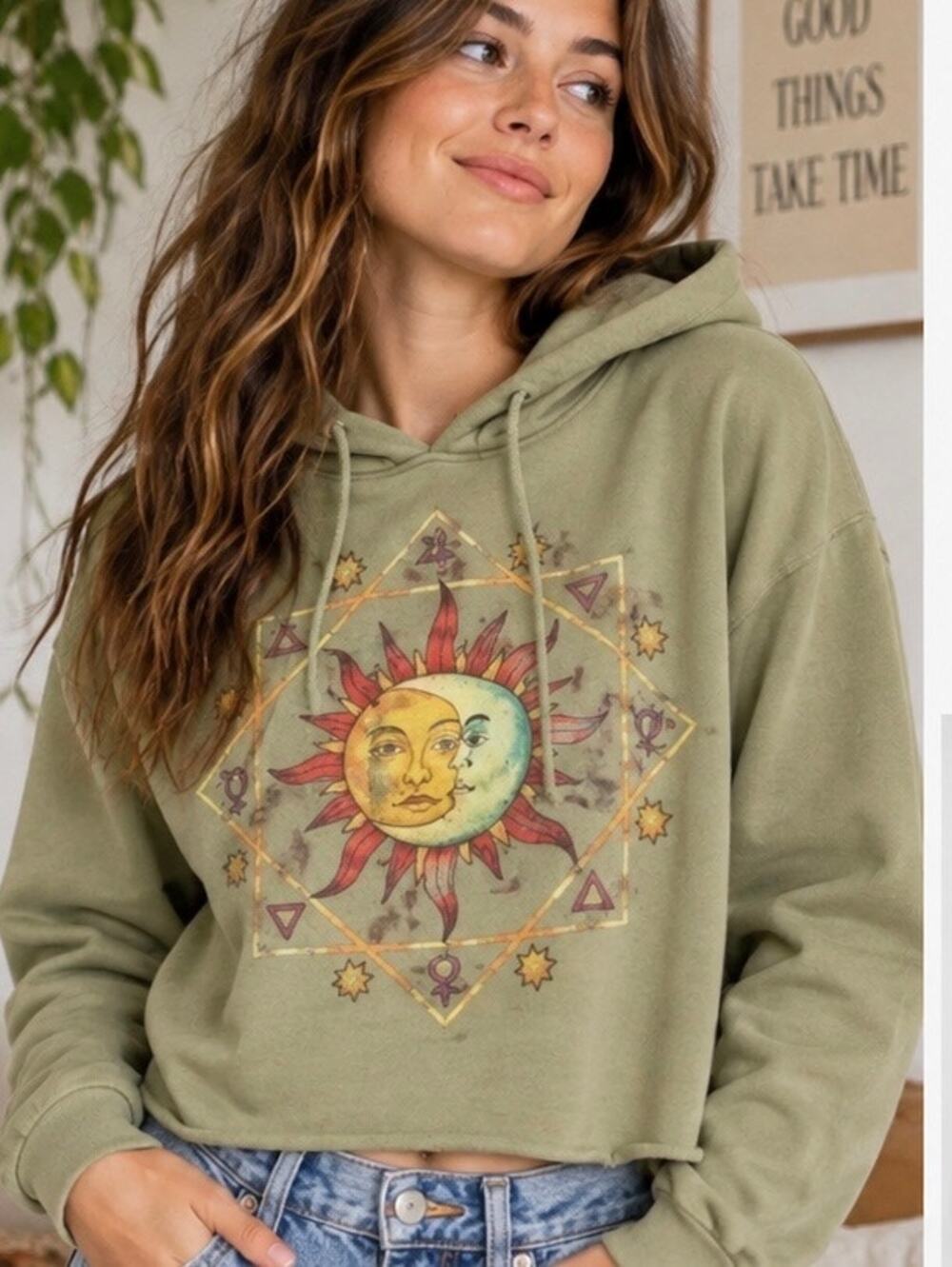 Mighty Fine Celestial Sun & Moon Cropped Hoodie